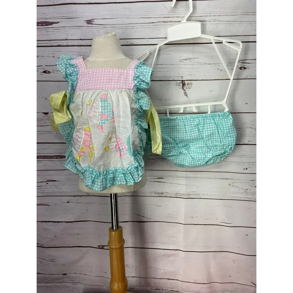 Broadway Kids Aqua Pink Gingham Smock Fish Tie Side Size 18 Months Two Piece Set